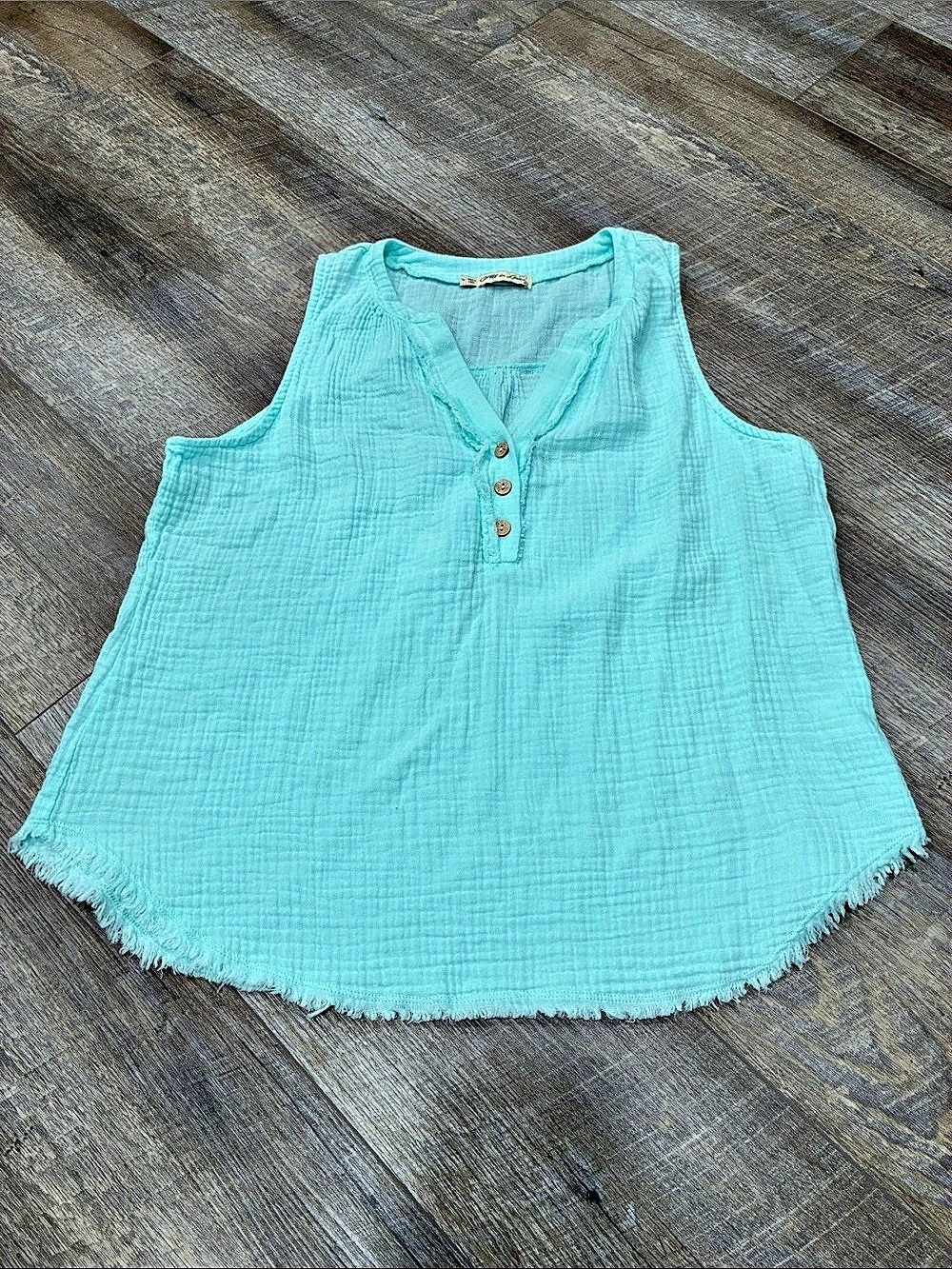 100% Cotton Fringe Hem Tank Top in Blue